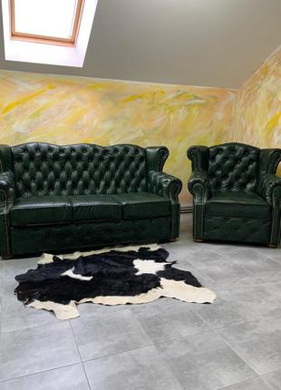 Шкіряний зелений диван честер, офісні меблі честерфілд