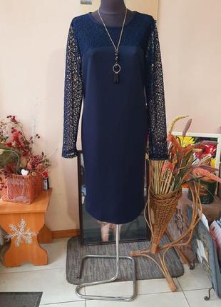 Платье  алеся ак-118-7 трикотаж синий  гипюр (италия)