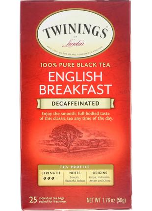 Twinings, 100% чистый черный чай, английский завтрак, без кофе...