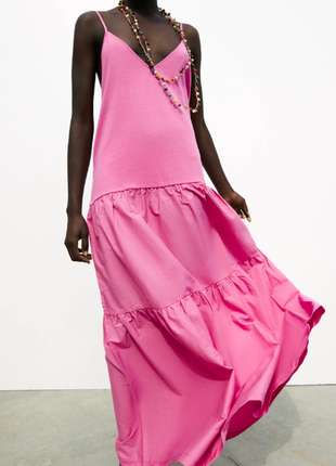 Длинное ярусное розовое платье хлопок zara