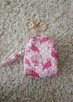 Маленький брелок кошелек с фламинго на рюкзак или сумку