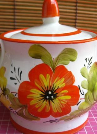 чайник заварник белый, цветок красный, керамика, маленький, торг