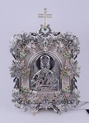 Серебряная икона "Николай-Угодник" с циркониями 925 пробы.