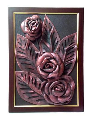 Кожаная картина 32.5 см - 24 см , бордовые розы, панно кожаные цв