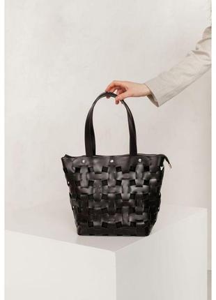 Кожаная плетеная женская сумка Пазл L угольно-черная