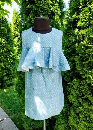 Платье голубое в горошек летнее прогулочное с рюшами
