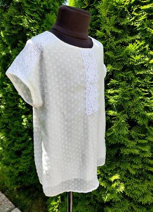 Блуза шифоновая в горошек с кружевом молочная летняя легкая