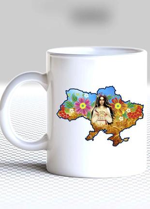 Белая кружка (чашка) с принтом "карта украины: девушка в цветах"