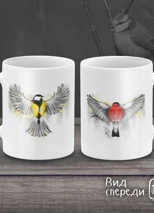Парные белые чашки (кружки) с принтом "птицы"