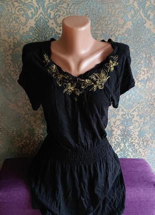 Женская черная удлиненная футболка туника блуза с вышивкой р.s/m