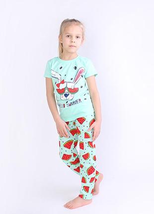 Піжама для дівчинки футболка + лосини кролик світяшка м'ята