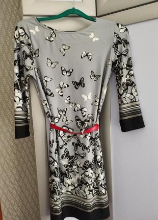 Милое платье средней длины с рукавом серое + черное бабочки / ...