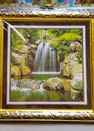 Картина с рамой, штамповка на пластике: пейзаж водопад