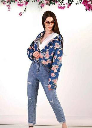 Стильный женский джинсовый пиджак в цветочный принт,джинсовка ...