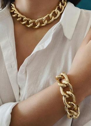Набор  "алина" ожерелье и браслет крупная цепочка золотистая цепь