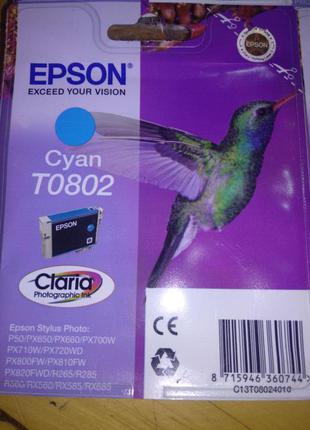 Оригинальный картридж Epson T0802,с голубыми ч-и,Код:C13T08024011