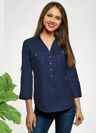S льняная синяя рубашка женская с рукавом лен блузка блуза