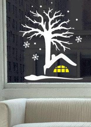 Новогодние наклейки " Дерево и домики " 76х60 см