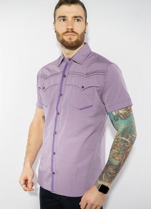 Рубашка мужская с коротким рукавом, фиолетовая в мелкую полоск...