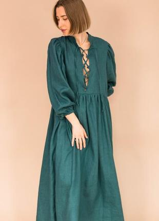 Бірюзове плаття оверсайз в стилі бохо з натурального льону