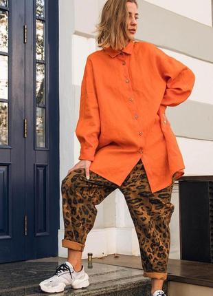 Оранжевая рубашка оверсайз в стиле бохо из натурального льна