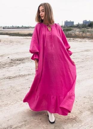 Розовое платье-туника из натурального льна в стиле бохо