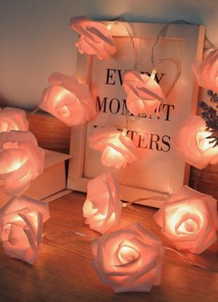 Гирлянда Розы цветы 20 лампочек на 3м на батарейках розовая