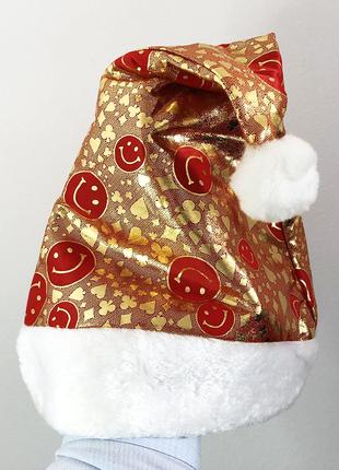 Шапка Деда Мороза новогодняя. Золотая CL-801 со смайликами