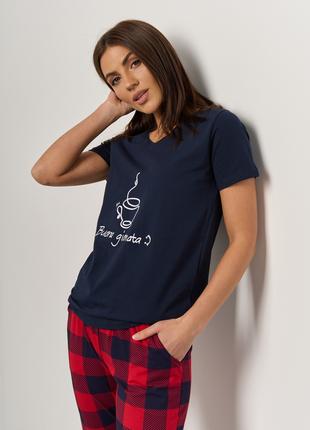 Женская пижама футболка с капри в клетку - кофе