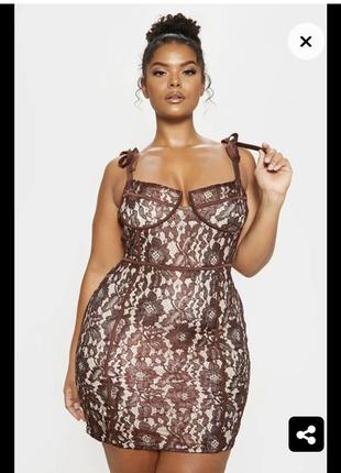 Сукня шоколадно-коричнева облягаюча плаття з мереживом на зав’...
