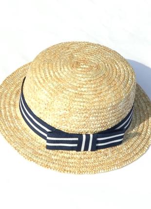 Взрослая шляпка канотье из натуральной соломы с полосатым бантом