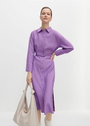 Бузково фіолетова сукня-сорочка з поясом міді з віскози