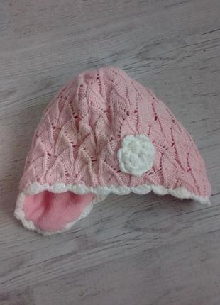 Милая шапочка шапка розовая на флисе на 6 мес - 1 год с цветочком