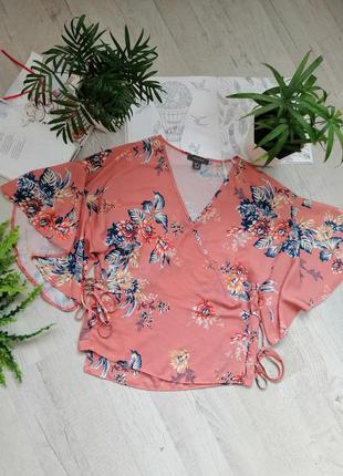 Блузка блуза кофточка на запах персикова з квітами яскрава з к...
