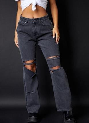 Потертые черные рваные джинсы-бойфренды baggy с низкой посадкой