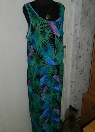 Трикотажное,натуральное,яркое,длинное платье-сарафан в тропиче...
