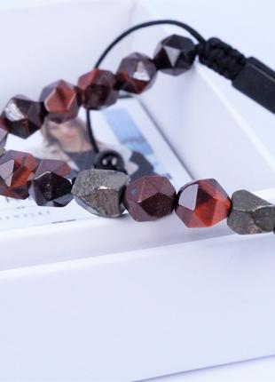 Браслет PURE STONE RED (красный) из натурального пирита и бычь...