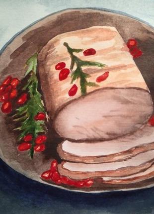 Картина акварель новогодняя "рождественский ужин"