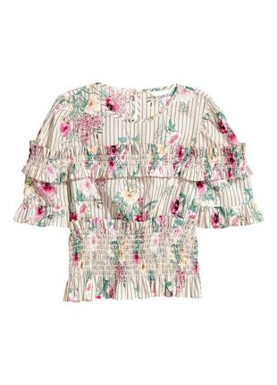 Бавовняна блузка жіноча з воланами світло-бежевий, квітковий 3...