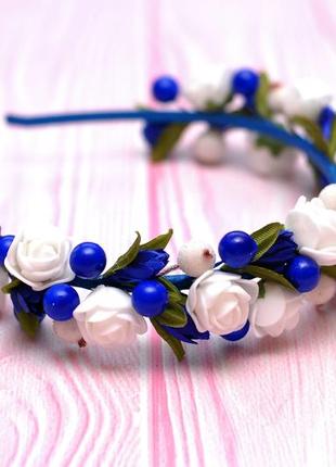 Обруч ободок з квітами біло-синій
