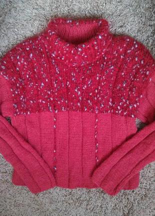 Красный укороченный теплый женский свитер hand made с отделкой...