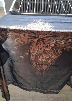 Винтажный черный шифоновый платок со светло-коричневыми рисунк...