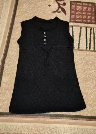 Вязанное черное платье туника р 134-140 7-10 лет сарафан ажурный