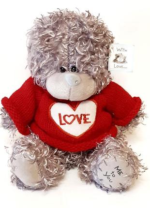 ﻿новый медведь тедди 23 см, в красном свитере, с сердцем love