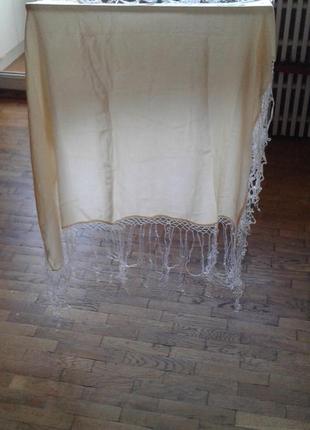 Винтажный крепдешиновый платок шаль палантин с шелковой бахромой
