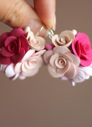 Розовые серьги с цветами из полимерной глины "карамельная фуксия"