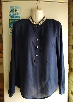 Нарядная темно -синяя блуза с бусинками 44-46 р