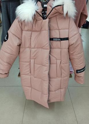 Пальто зимнее, удлинённая зимняя курточка экокожа на девочку 1...