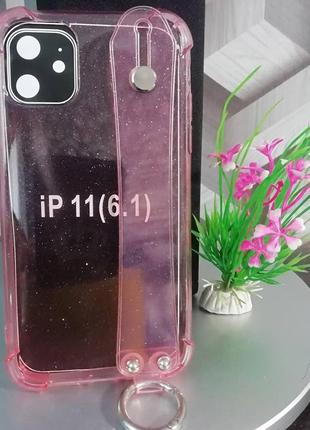 Силиконовый чехол для iphone 11 прозрачный розовый блёстки с к...