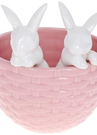 Керамическое кашпо с фигуркой Кролики 15,2см, цвет - розовый с...